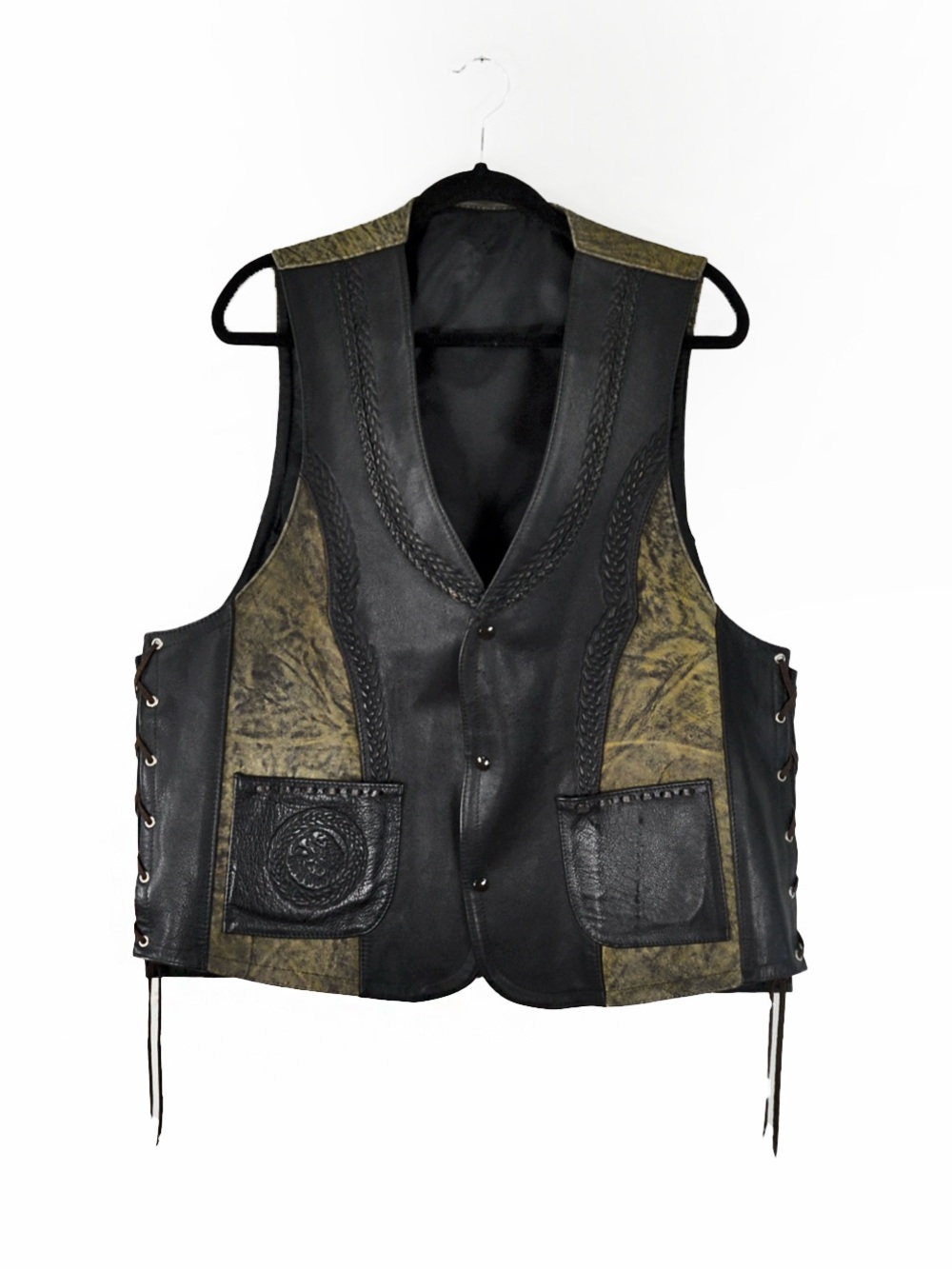 Vintage Leather Western Tooled Cowboy Concho Waistcoat Rodeo Biker Eagle Vest